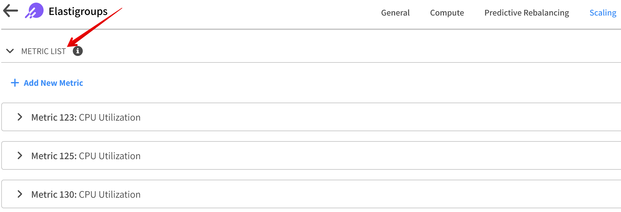 Metric List in Elastigroup Scaling tab
